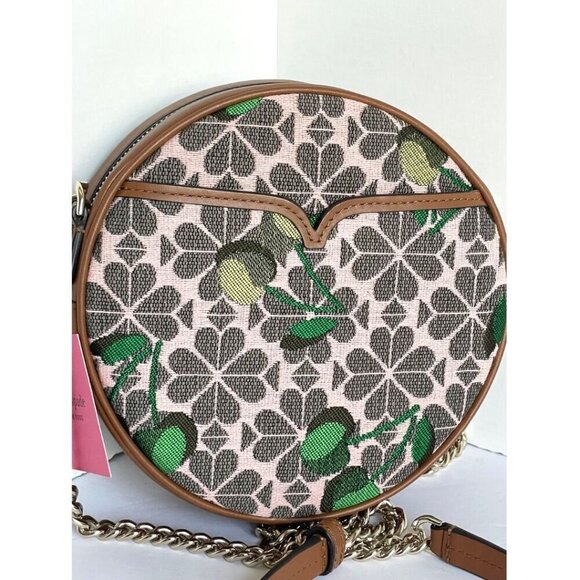 Kate Spade Canteen Jacquard Cherry Brown Crossbody Round Small Leather Floral - Picture 10 of 11